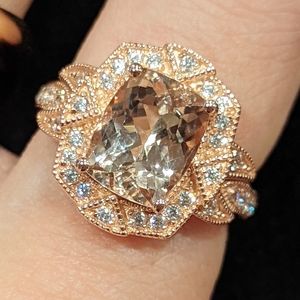 Morganite and white zircon ring with milgrain detail. Rose gold plated silver.